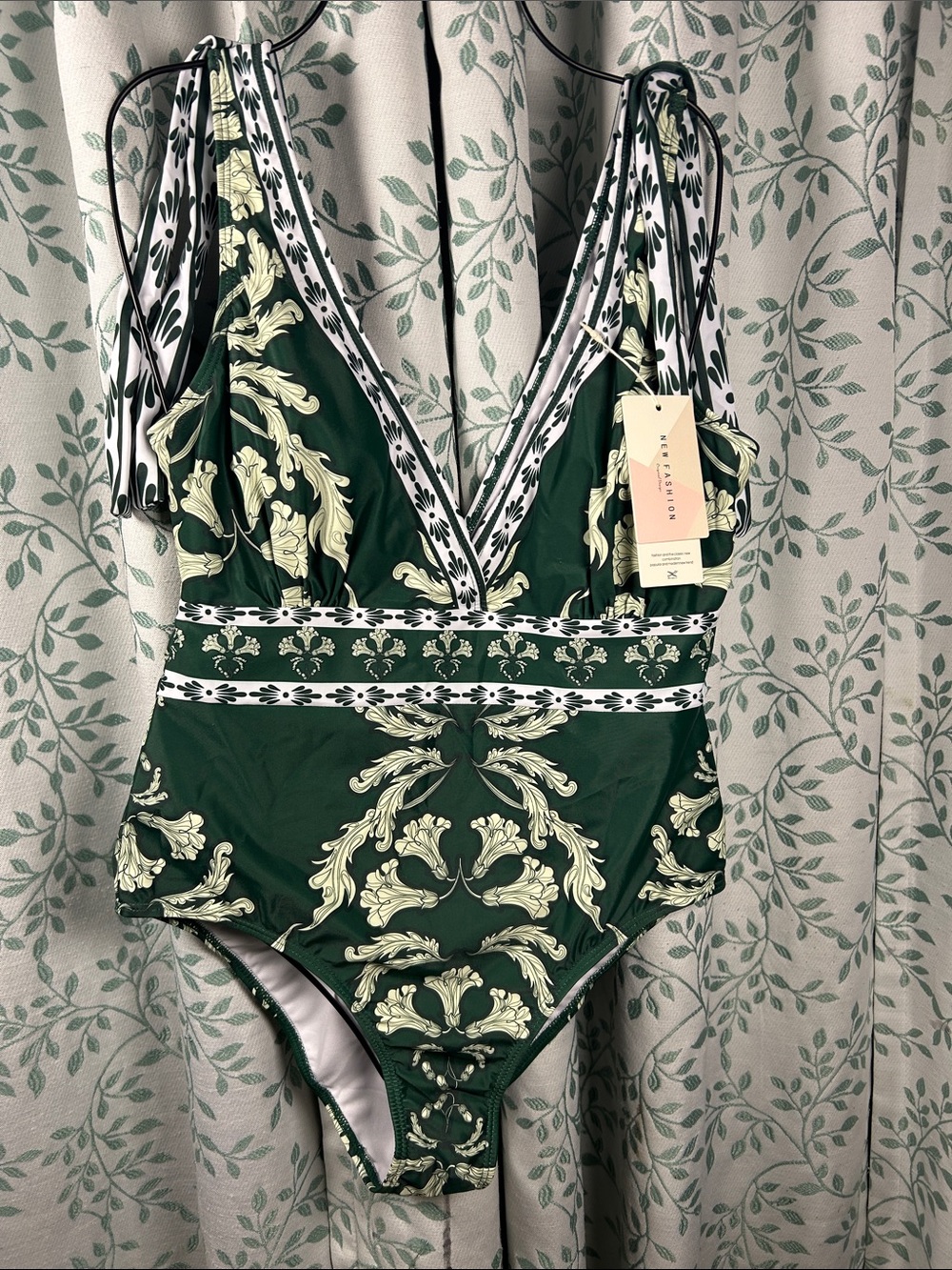 Green Floral Print One-Piece Swimsuit with Tie Straps